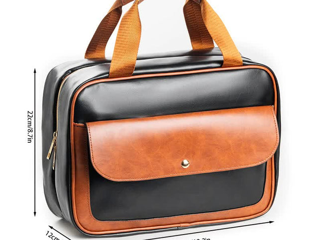 Black-brown Compact PU Leather Travel Toiletry Bag with Zipper Compartments