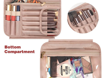 Black-brown Compact PU Leather Travel Toiletry Bag with Zipper Compartments