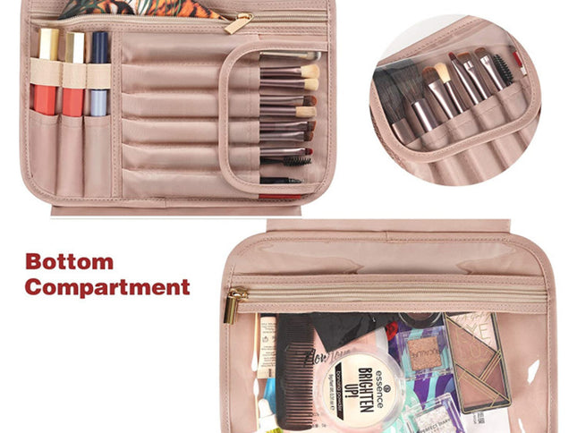 Black-brown Compact PU Leather Travel Toiletry Bag with Zipper Compartments