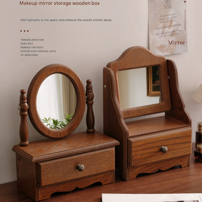 Round Mirror with Drawer Orbicular Wooden Tabletop Vanity Mirror Elegant Design