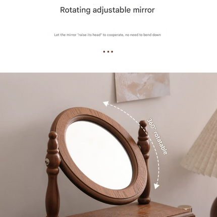 Round Mirror with Drawer Orbicular Wooden Tabletop Vanity Mirror Elegant Design