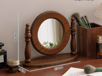 Rounded Wooden Tabletop Vanity Mirror, Elegant Design