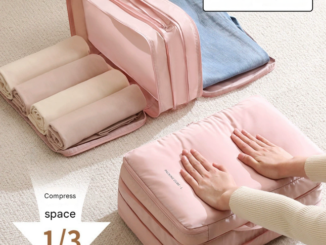 Beige Multifunctional Compact Travel Organizer Bag Stores 6-8 Essentials for Easy Access