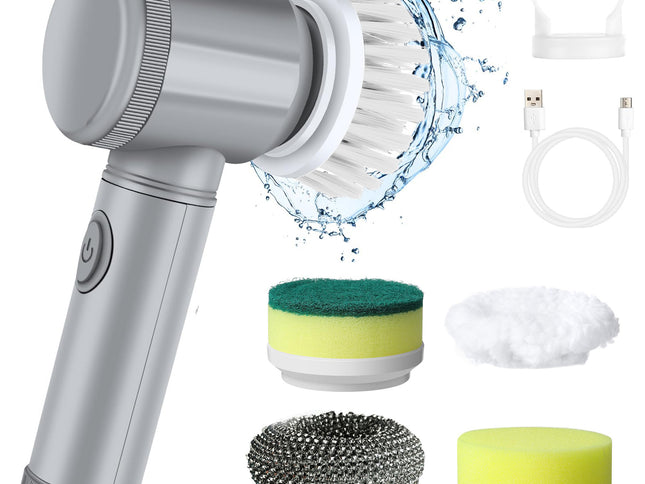 Grey Electric Cleaning Brush with Multiple Attachments - Rechargeable and Versatile for Home and Kitchen Use