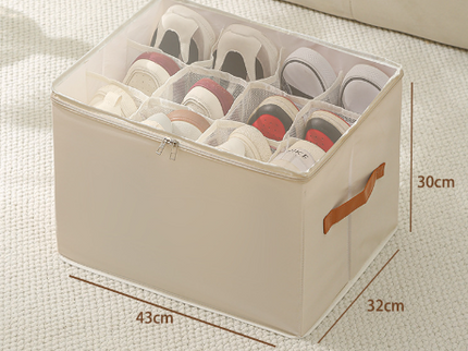 Beige Multi-Compartment Shoe Organizer Storage Box - Space-Saving and Convenient for Closet Organization