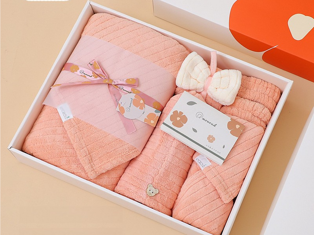 Pink Soft Coral Fleece Towel and Bath Towel Gift Set - 5-Piece Luxurious Absorbent Set