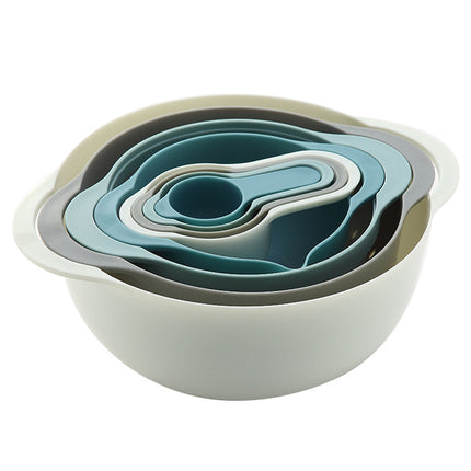 Blue 8-Piece Baking Tool Set ‚Äö√Ñ√∂‚àö√ë‚àö¬® Measuring Cups, Spoons, Rainbow Mixing Bowls, Vegetable Washing Basket, and Flour Sifter