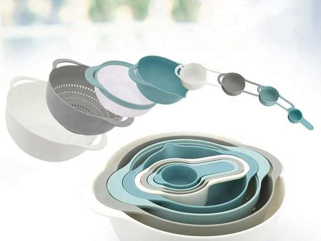 Blue 8-Piece Baking Tool Set ‚Äì Measuring Cups, Spoons, Rainbow Mixing Bowls, Vegetable Washing Basket, and Flour Sifter