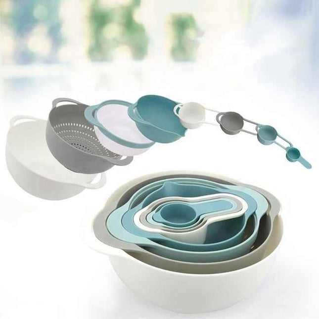 Blue 8-Piece Baking Tool Set ‚Äö√Ñ√∂‚àö√ë‚àö¬® Measuring Cups, Spoons, Rainbow Mixing Bowls, Vegetable Washing Basket, and Flour Sifter