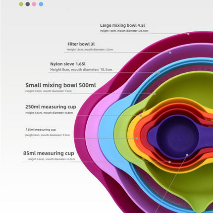 Blue 8-Piece Baking Tool Set ‚Äö√Ñ√∂‚àö√ë‚àö¬® Measuring Cups, Spoons, Rainbow Mixing Bowls, Vegetable Washing Basket, and Flour Sifter