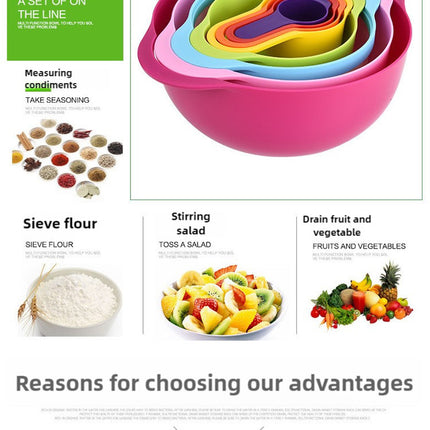 Blue 8-Piece Baking Tool Set ‚Äö√Ñ√∂‚àö√ë‚àö¬® Measuring Cups, Spoons, Rainbow Mixing Bowls, Vegetable Washing Basket, and Flour Sifter