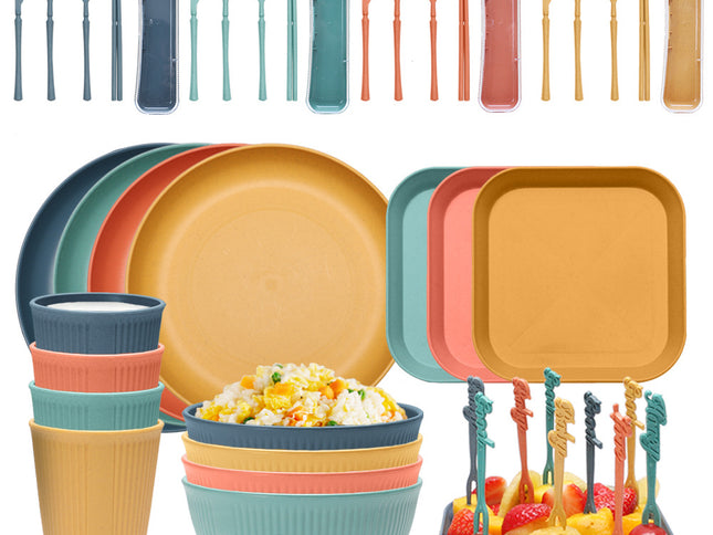Four-person Set Multicolor Eco-Friendly Wheat Straw Dinnerware Set,  Plate, Bowl, Cup & Utensil Set - Lightweight, Reusable, and Durable for Home, School, and Travel