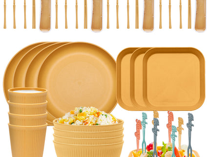 Four-person Set Yellow Eco-Friendly Wheat Straw Dinnerware Set,  Plate, Bowl, Cup & Utensil Set - Lightweight, Reusable, and Durable for Home, School, and Travel