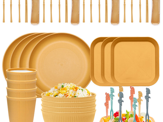 Four-person Set Yellow Eco-Friendly Wheat Straw Dinnerware Set,  Plate, Bowl, Cup & Utensil Set - Lightweight, Reusable, and Durable for Home, School, and Travel