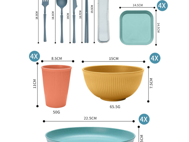 Four-person Set Yellow Eco-Friendly Wheat Straw Dinnerware Set,  Plate, Bowl, Cup & Utensil Set - Lightweight, Reusable, and Durable for Home, School, and Travel