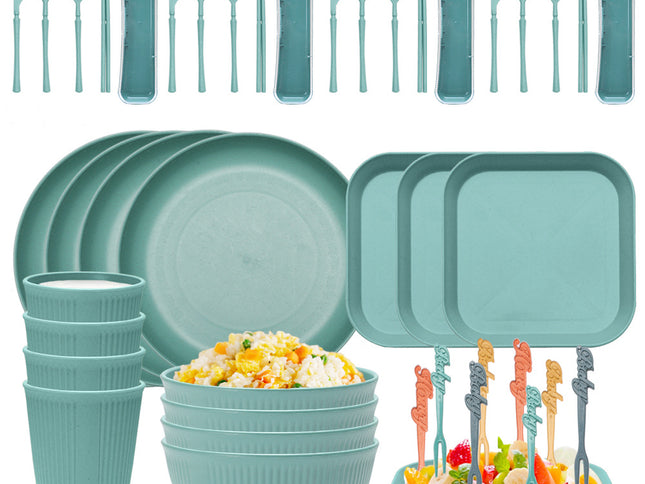 Four-person Set Green Eco-Friendly Wheat Straw Dinnerware Set,  Plate, Bowl, Cup & Utensil Set - Lightweight, Reusable, and Durable for Home, School, and Travel