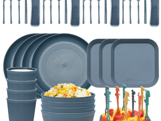 Four-person Set Blue Eco-Friendly Wheat Straw Dinnerware Set,  Plate, Bowl, Cup & Utensil Set - Lightweight, Reusable, and Durable for Home, School, and Travel