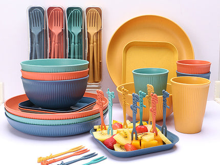Four-person Set Blue Eco-Friendly Wheat Straw Dinnerware Set,  Plate, Bowl, Cup & Utensil Set - Lightweight, Reusable, and Durable for Home, School, and Travel