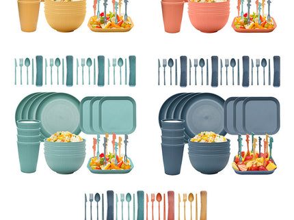 Four-person Set Blue Eco-Friendly Wheat Straw Dinnerware Set,  Plate, Bowl, Cup & Utensil Set - Lightweight, Reusable, and Durable for Home, School, and Travel