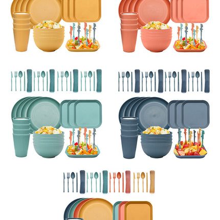 Four-person Set Blue Eco-Friendly Wheat Straw Dinnerware Set,  Plate, Bowl, Cup & Utensil Set - Lightweight, Reusable, and Durable for Home, School, and Travel