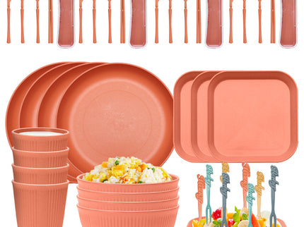Four-person Set Orange Eco-Friendly Wheat Straw Dinnerware Set,  Plate, Bowl, Cup & Utensil Set - Lightweight, Reusable, and Durable for Home, School, and Travel