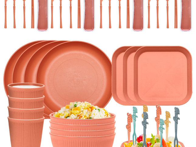 Four-person Set Orange Eco-Friendly Wheat Straw Dinnerware Set,  Plate, Bowl, Cup & Utensil Set - Lightweight, Reusable, and Durable for Home, School, and Travel