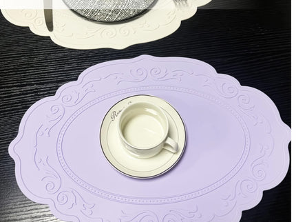 2 Pcs Purple Oval Embossed Floral Edged Silicone Placemats, Non-Slip, Heat-Resistant, Easy-to-Clean Dining Table Mats, Korean and European Style