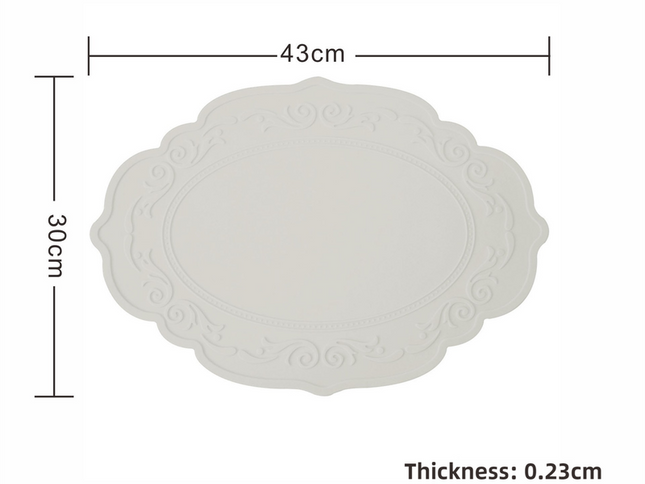 2 Pcs Grey Oval Embossed Floral Edged Silicone Placemats, Non-Slip, Heat-Resistant, Easy-to-Clean Dining Mats, Korean and European Style