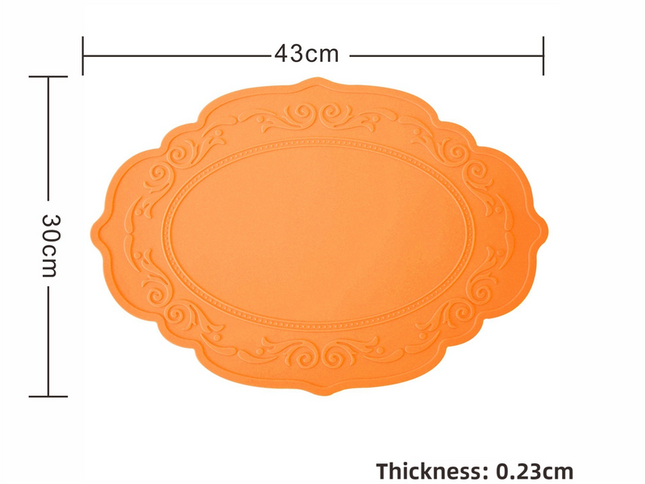 2 Pcs Orange Oval Embossed Floral Edged Silicone Placemats, Non-Slip, Heat-Resistant, Easy-to-Clean Table Mats, Korean and European Style