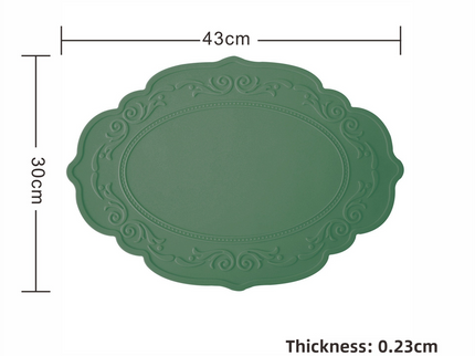 2 Pcs Green Oval Embossed Floral Edged Silicone Placemats, Non-Slip, Heat-Resistant, Easy-to-Clean Dining Table Mats, Korean and European Style