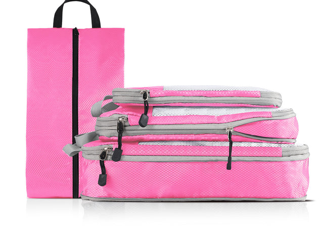 4-piece Set Pink Compression Travel Storage Bags Set, Mesh Travel Organizers for Luggage, Foldable and Space-Saving Packing Cubes