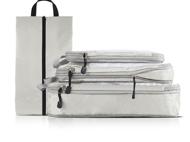 4-piece Set Off White Compression Travel Storage Bags Set, Mesh Travel Organizers for Luggage, Foldable and Space-Saving Packing Cubes