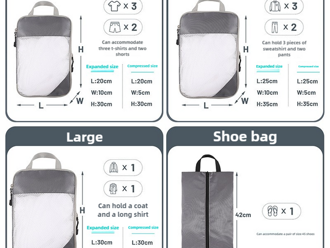4-piece Set Off White Compression Travel Storage Bags Set, Mesh Travel Organizers for Luggage, Foldable and Space-Saving Packing Cubes