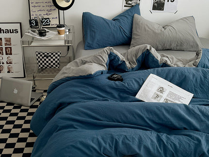Blue-grey 1.5m Bed Fitted Sheet Set with 200x230cm Duvet Cover - 4-Piece Bedding Set