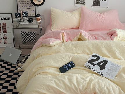 Pink-yellow 1.5m Bed Fitted Sheet Set with 200x230cm Duvet Cover - 4-Piece Bedding Set