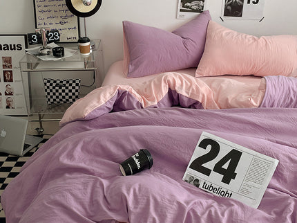 Pink-purple 1.5m Bed Fitted Sheet Set with 200x230cm Duvet Cover - 4-Piece Bedding Set