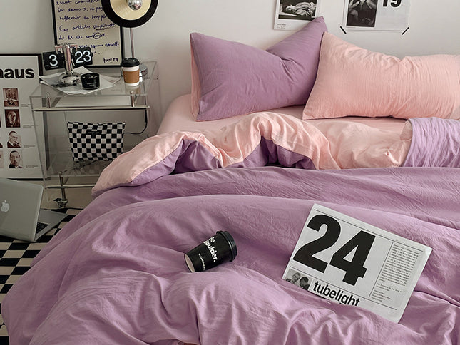 Pink-purple 1.5m Bed Fitted Sheet Set with 200x230cm Duvet Cover - 4-Piece Bedding Set
