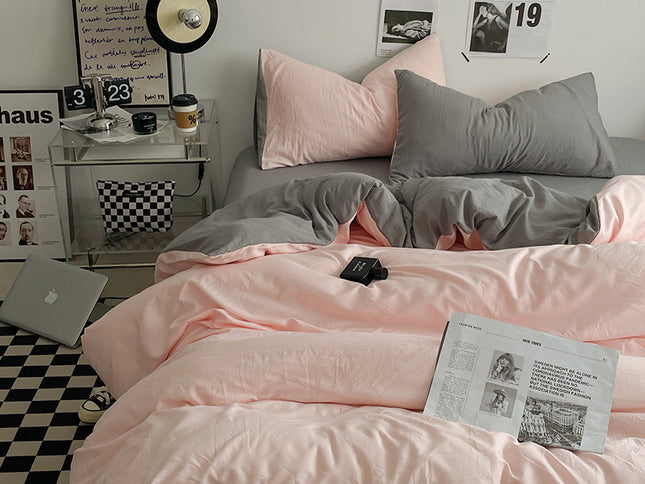 Pink-grey 1.5m Bed Fitted Sheet Set with 200x230cm Duvet Cover - 4-Piece Bedding Set