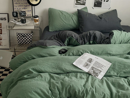 Green-dark grey 1.5m Bed Fitted Sheet Set with 200x230cm Duvet Cover - 4-Piece Bedding Set
