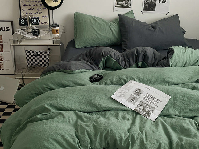 Green-dark grey 1.5m Bed Fitted Sheet Set with 200x230cm Duvet Cover - 4-Piece Bedding Set