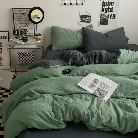 Green-dark grey 1.5m Bed Fitted Sheet Set with 200x230cm Duvet Cover - 4-Piece Bedding Set