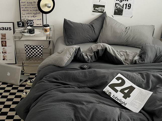 Grey 1.5m Bed Fitted Sheet Set with 200x230cm Duvet Cover - 4-Piece Bedding Set