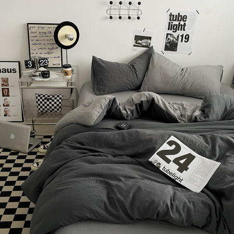 Grey 1.5m Bed Fitted Sheet Set with 200x230cm Duvet Cover - 4-Piece Bedding Set