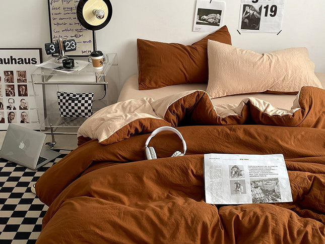 Brown 1.5m Bed Fitted Sheet Set with 200x230cm Duvet Cover - 4-Piece Bedding Set
