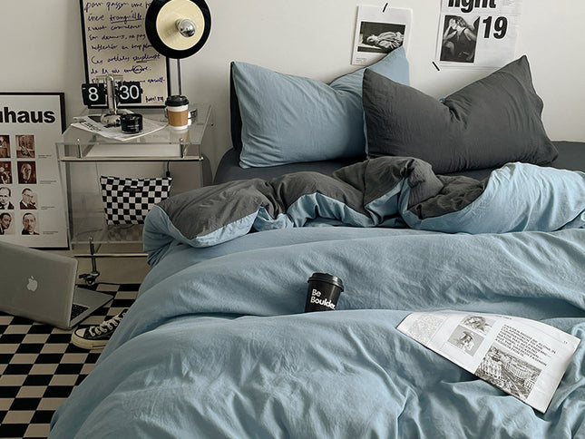 Lightblue-grey 1.5m Bed Fitted Sheet Set with 200x230cm Duvet Cover - 4-Piece Bedding Set