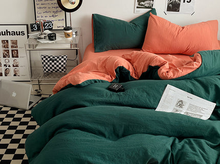 Orange-green 1.5m Bed Fitted Sheet Set with 200x230cm Duvet Cover - 4-Piece Bedding Set