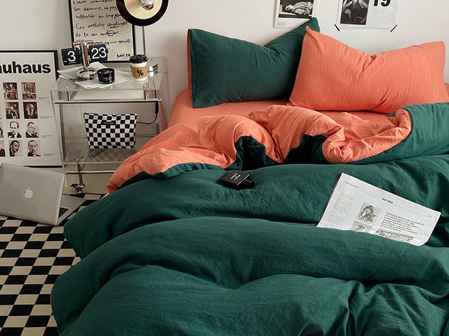 Orange-green 1.5m Bed Fitted Sheet Set with 200x230cm Duvet Cover - 4-Piece Bedding Set