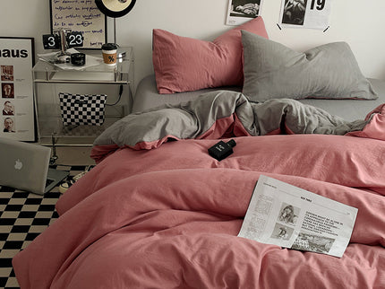 Pink-grey 1.5m Bed Fitted Sheet Set with 200x230cm Duvet Cover - 4-Piece Bedding Set
