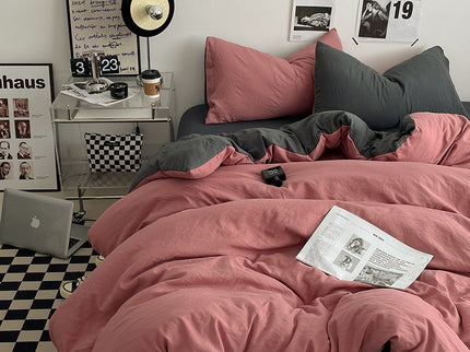 Pink-darkgrey 1.5m Bed Fitted Sheet Set with 200x230cm Duvet Cover - 4-Piece Bedding Set