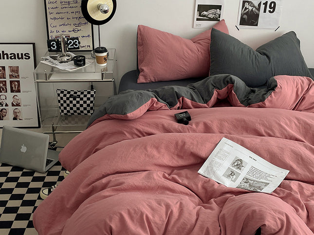 Pink-darkgrey 1.5m Bed Fitted Sheet Set with 200x230cm Duvet Cover - 4-Piece Bedding Set